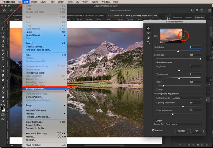 Photoshop screenshot how to open sky replacement tool