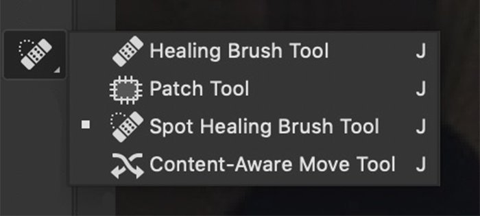 Photoshop screenshot of the healing brush tools menu
