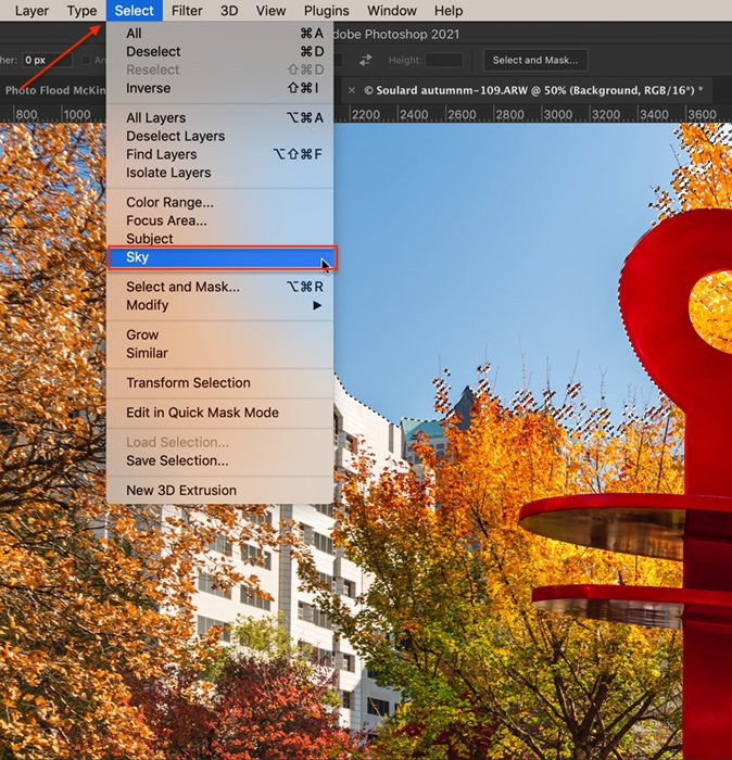 a screenshot about how to open the photoshop sky selection tool