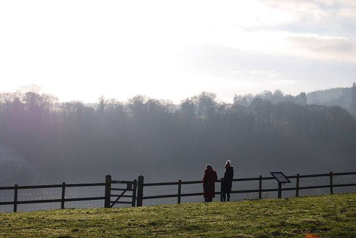 two people standing by a wooden fence in a green field