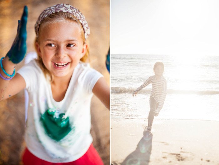 side-by-side images of a girl hand painting and a child running on a beach