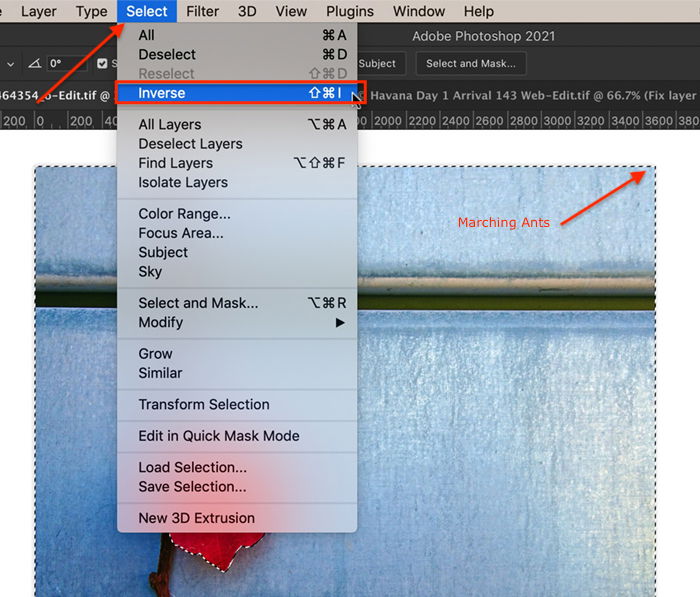 Screenshot showing how to invert a select for Photoshop selective color process