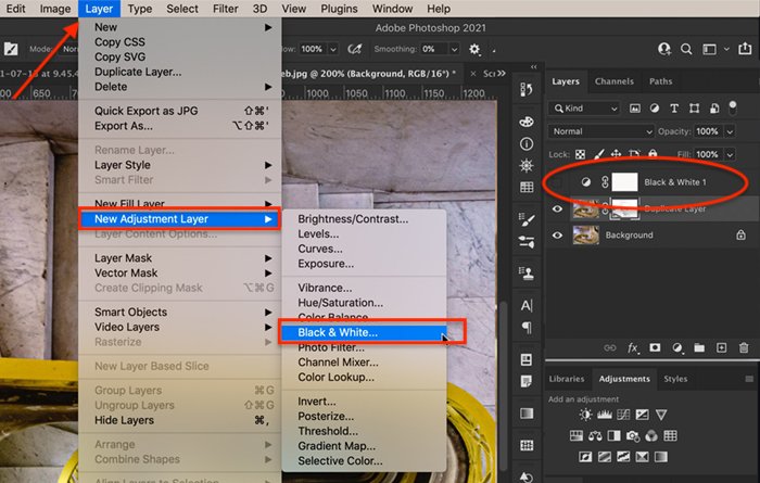 Screenshot showing how to create a Black & White adjustment layer for Photoshop selective color process