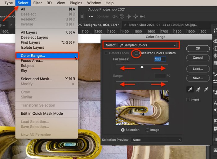 Screenshot showing the Color Range tool in the Photoshop selective color process