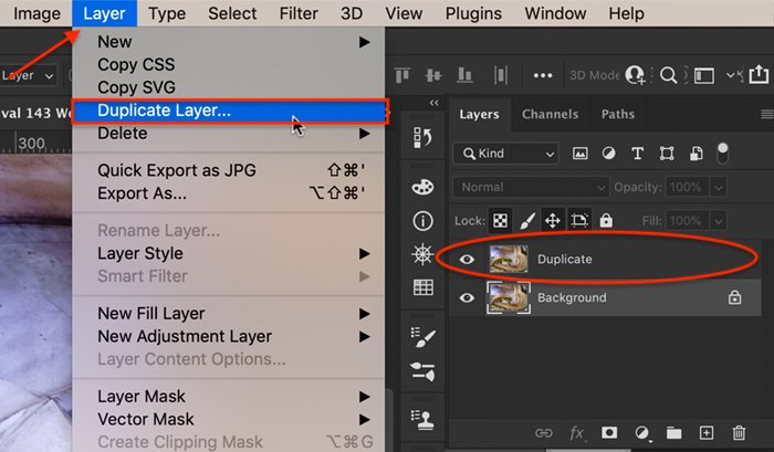 Screenshot showing how to create a duplicate layer in Photoshop