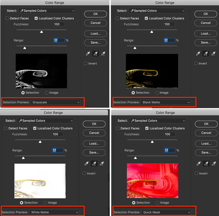 4 screenshot comparison of Color Range preview options for Photoshop selective color process