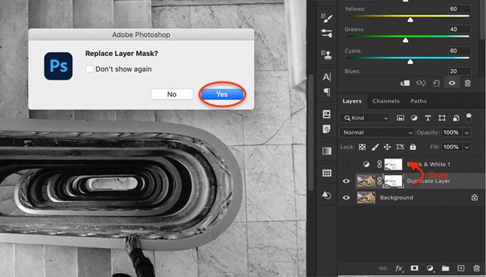 Screenshot showing how to replace the mask in the Black & White adjustment layer for Photoshop selective color process