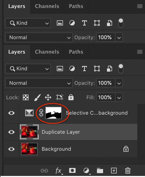 Screenshot of the layer mask panel for Photoshop selective color tool