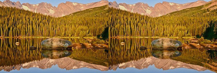 3D photography landscape stereo photo of mountains, forest, and lake with a reflection