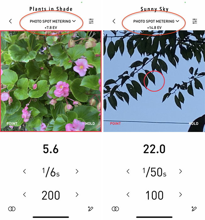 lightmeter app showing exposure values