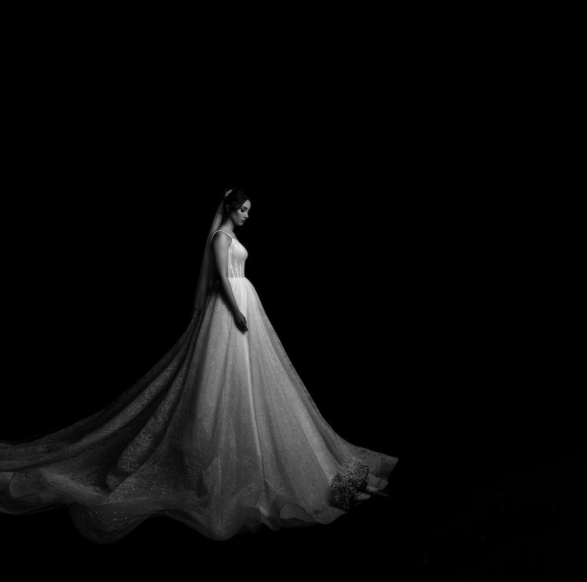 Black-and-white photo of a wedding bride shot with a full-frame sensor camera