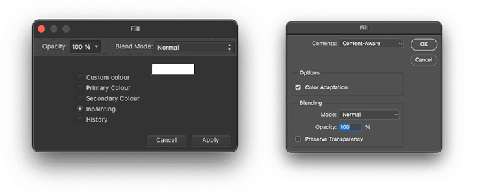 Affinitys inpainting control (l). Photoshops content aware control (r)