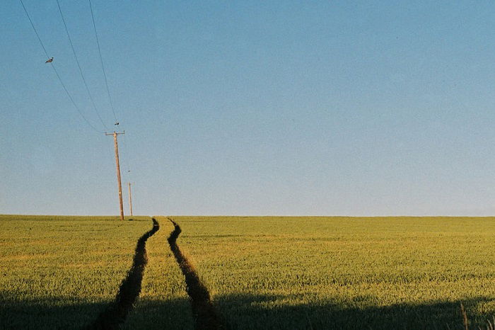  pista de granjero a través de un campo verde