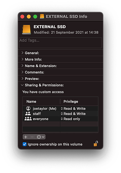 a screenshot from explaining to Ignore ownership on this volume for external hard drive or SSD