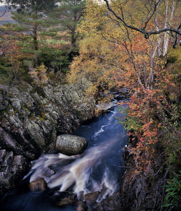 a long exposure landscape photography shot of a river in the fall