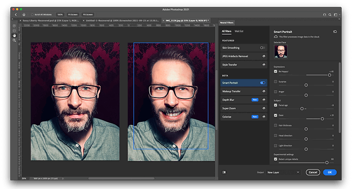 Photograph of me straight faced next to the same image made to smile using Photoshops AI Neural Filters