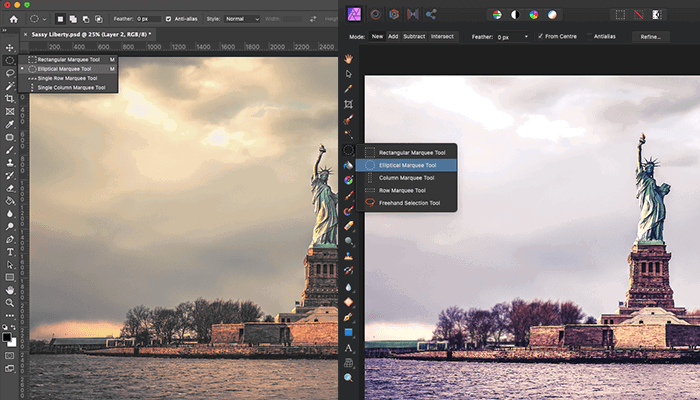 Affinity vs Photoshop tool bar menu flyout