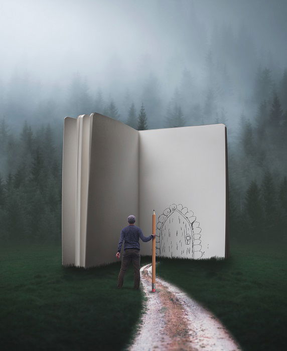 miniature man facing a door drawn in pencil on an open book