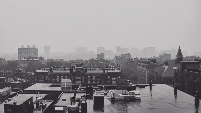 a black and white shot taken from a rooftop viewpoint 