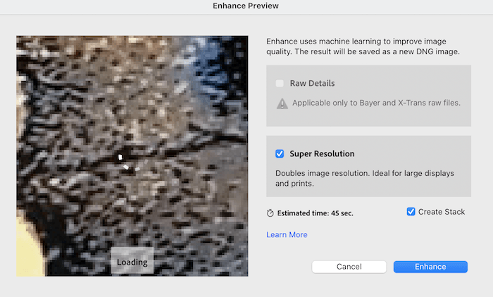 Image enhance preview in Lightroom showing Super Resolution option for enlarging image