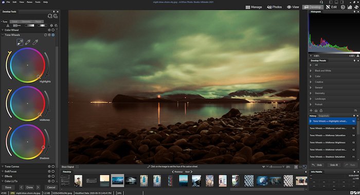 Screenshot of lightroom alternative ACDSee Photo Studio Ultimate software's interface with a dark landscape photo