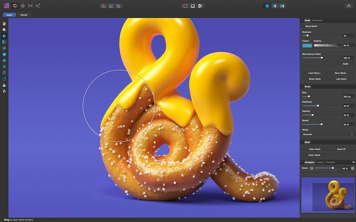 Screenshot of lightroom alternative Affinity Photo software's interface with a picture of a pretzel-shaped ampersand with cheese on top