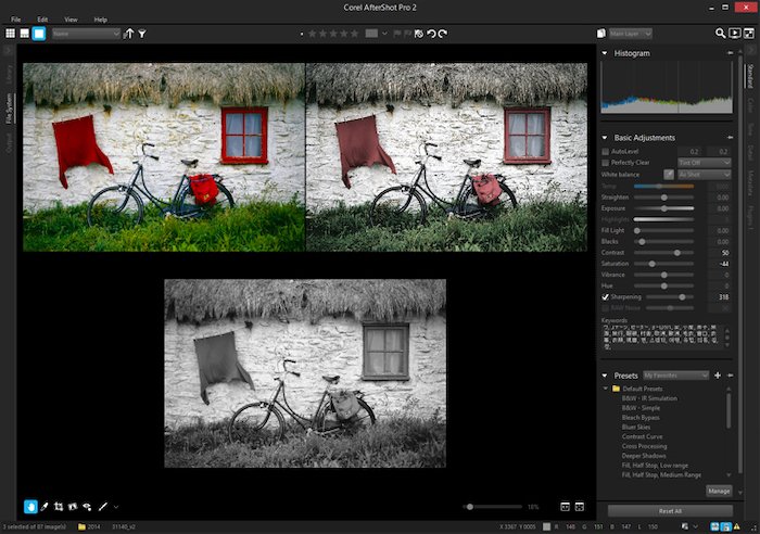 Screenshot of lightroom alternative Corel AfterShot Pro sofware's interface with photos of bikes against a house