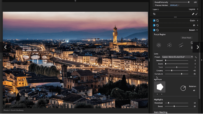 Screenshot of lightroom alternative Exposure X6 software's interface with an image of Florence at night