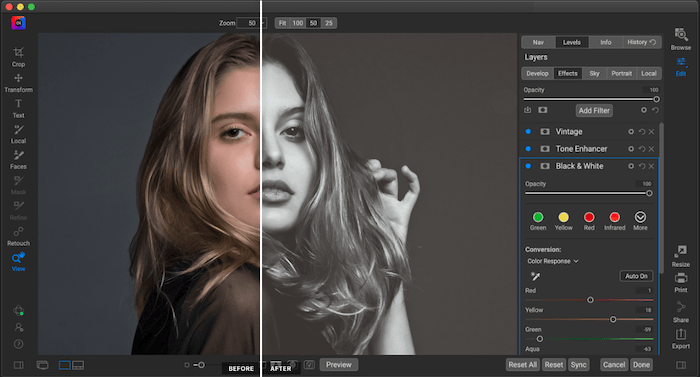Screenshot of lightroom alternative ON1 Photo RAW software's interface with a split-screen portrait of a woman showing before and after edits
