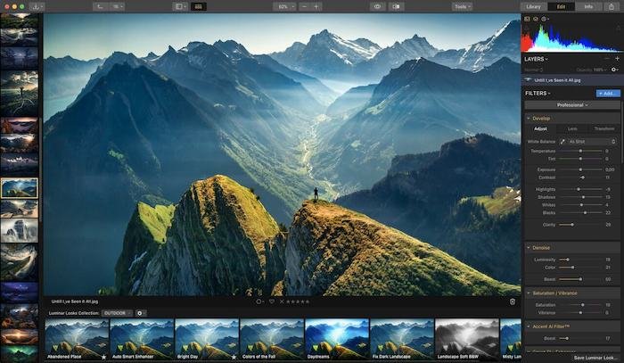 Screenshot of lightroom alternative Sky Luminar software's interface with a mountain landscape photo