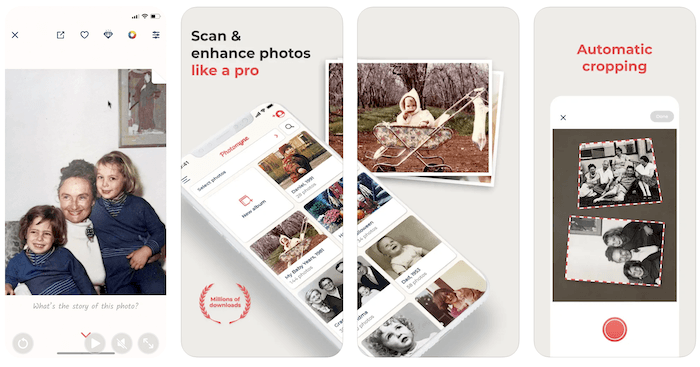 Screenshots of Photo Scan by Photomyne app and photos