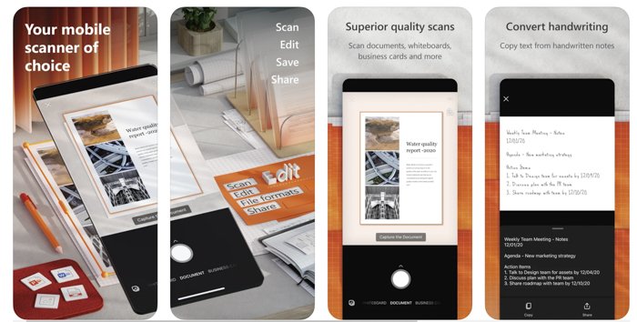 Screenshots of Microsoft Office Lens photo scanning app in use