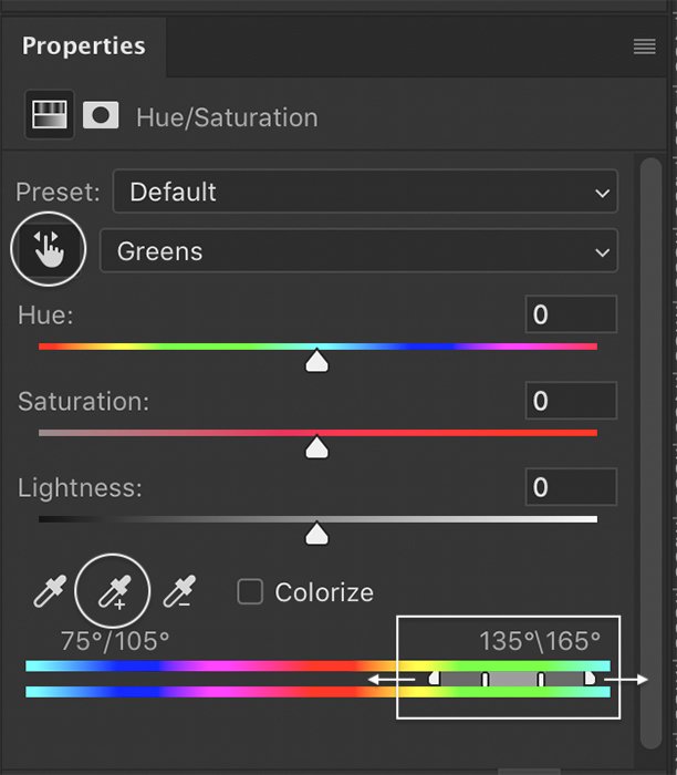 Photoshop screenshot Hue Saturation properties panel