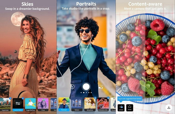 migliori app fotocamera per android: annuncio per Adobe Photoshop camera app mostra alcune delle sue caratteristiche e possibilità