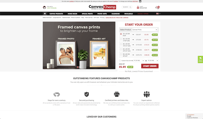 Screenshot of Canvas Champ print website to order canvas prints online