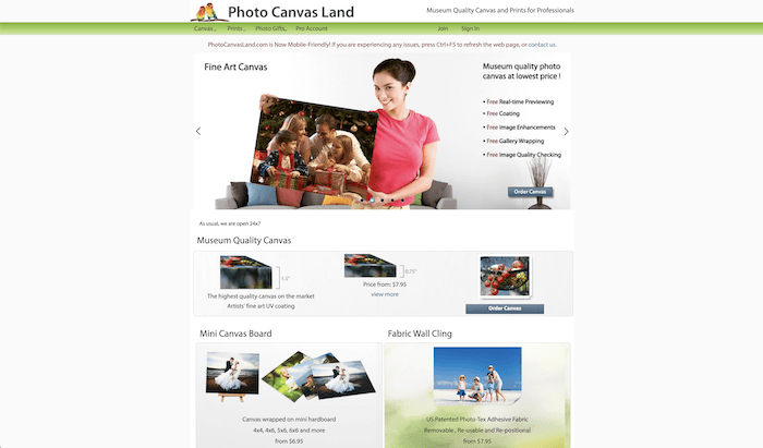 Screenshot of Photo Canvas Land print website to order canvas prints online