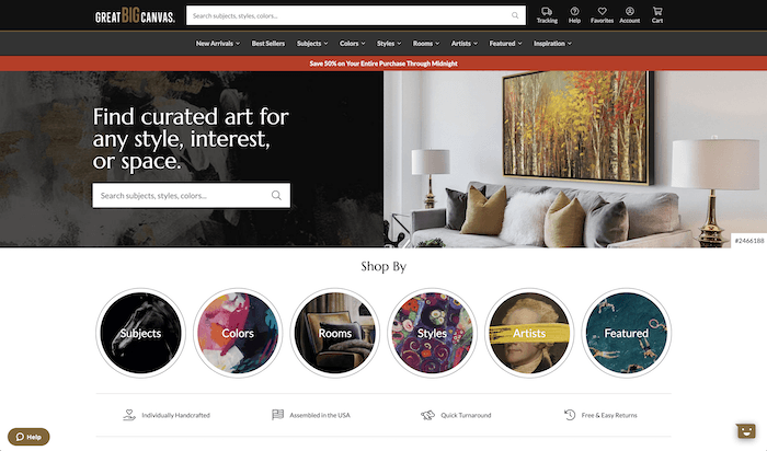 Screenshot of Great Big Canvas print website to order canvas prints online