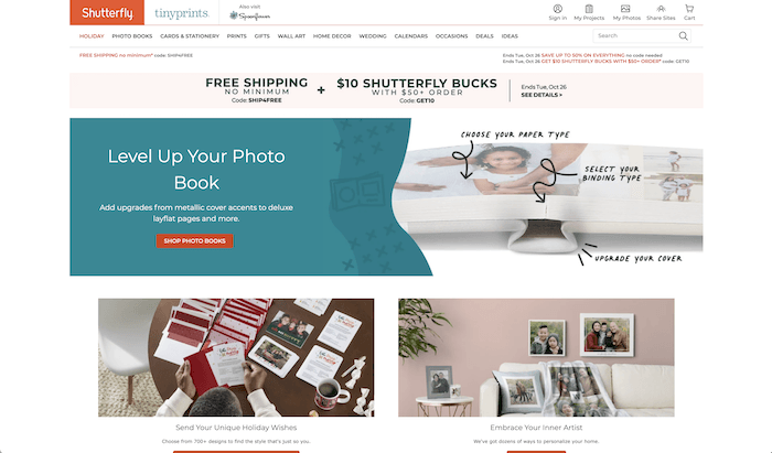 Screenshot of Shutterfly canvas print website to order canvas prints online