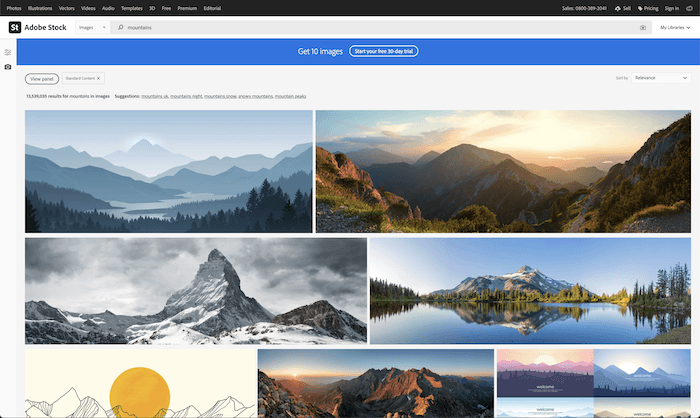 best stock photo sites: screenshot of the adobestock.com user interface after searching mountains