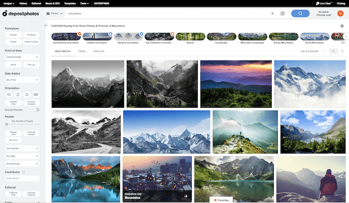 best stock photo sites: screenshot from depositphotos.com after searching for mountain landscape