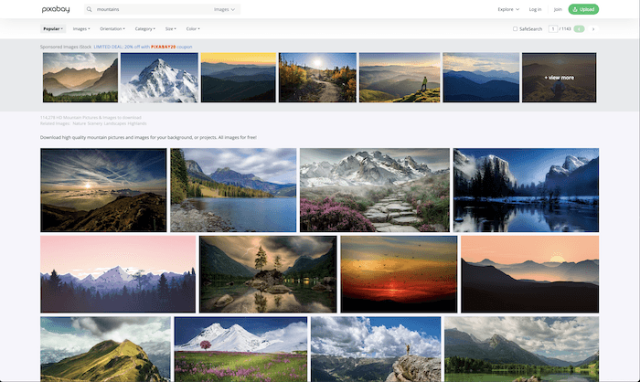 best stock photo sites: stock image search results for mountains on Pixabay.com