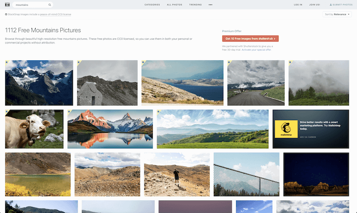 best stock photo sites: screenshot of search results for mountain on Stocksnap.com