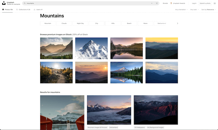 best stock photo sites: Unsplash.com search results for mountains 