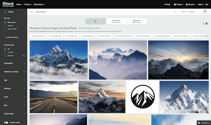 stock photo results after searching mountains on istock.com