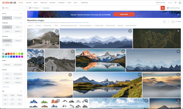 best stock photo sites: search results for mountains on shutterstock.com