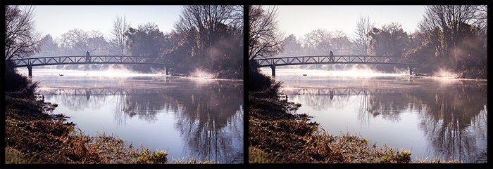 side-by-side comparison of a photo of a bridge over a river showing a color temperature edit