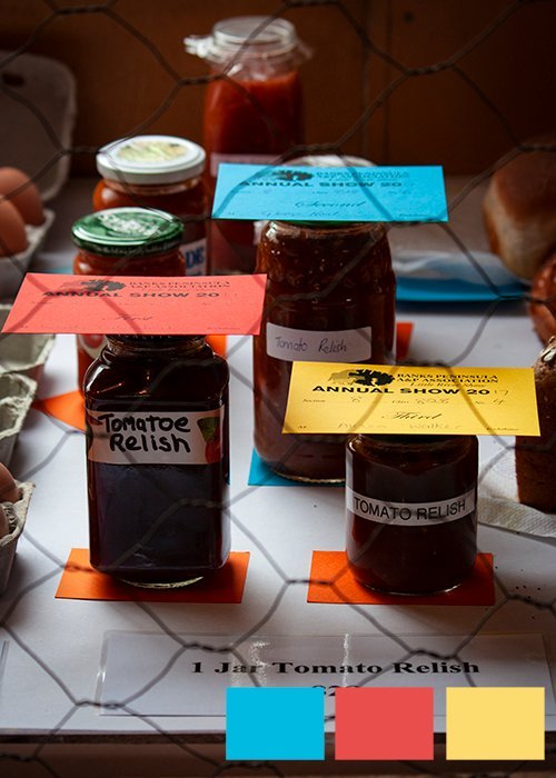 color in photography: jars of relish aligned with colored annual show passes to show the triadic color scheme