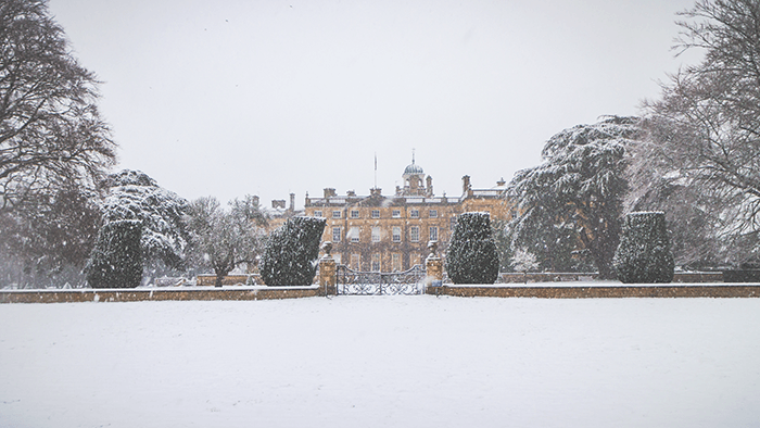 canon eos m review: an image of Culford School South Front in the Snow
