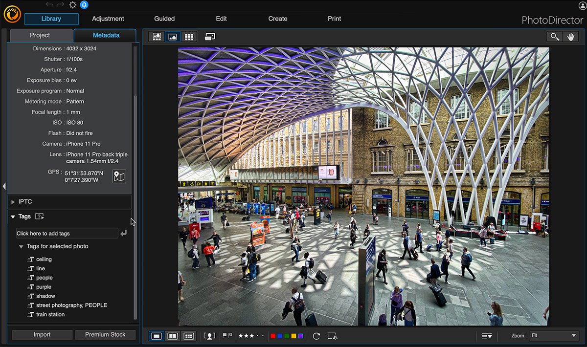 Cyberlink PhotoDirector review: screenshot of workspace and library module