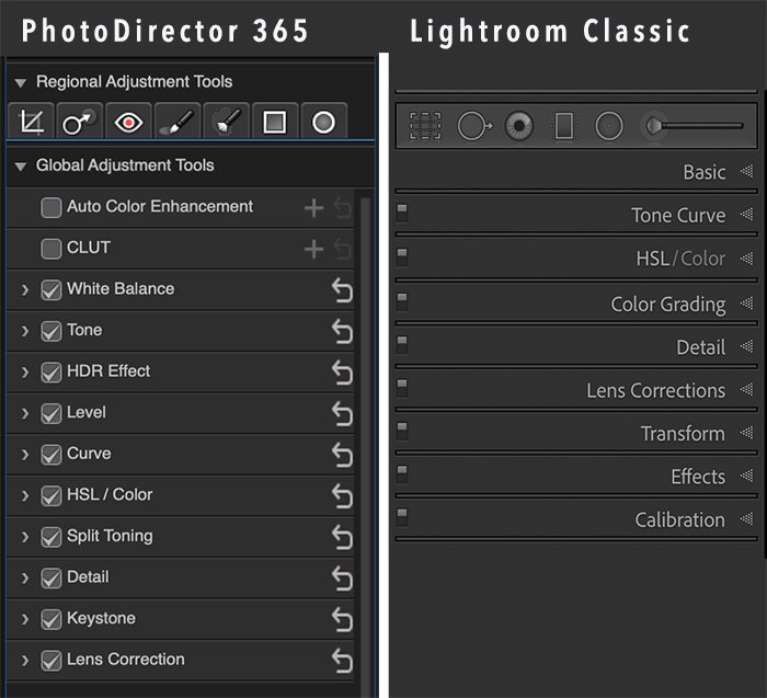Comparison of Cyberlink PhotoDirector and Lightroom adjustment tools